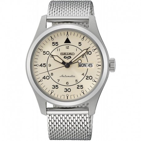 Seiko 5 Sports Military Flieger Automatic Cream Dial Stainless Steel Bracelet Mens Watch SRPH21K1