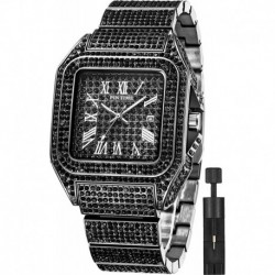 Fashion Hip Hop Men's Crystal Watch Bling Bling Watch Rectangle Case Stainless Steel Quartz Analog B