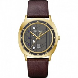 mens Frank Lloyd Wright Hollyhock House Gold Tone Stainless Steel 3-Hand Quartz, Brown Leather Strap