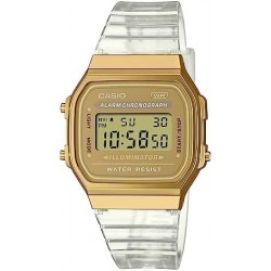 A168XESG-9AVT Unisex Vintage Transparent Band Gold Tone Alarm Chronograph Illuminator Digital Watch