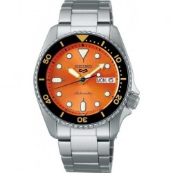 Men's Pumpkin Orange Satin Dial Silver Stainless Steel Band 5 Sports Automatic Analog Watch