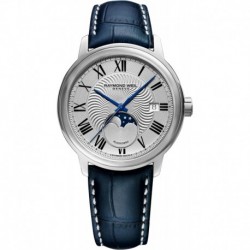 Maestro Men's Automatic Watch, Silver Dial Roman Numerals, Moon Phase, Blue Leather Strap 39.5 mm (M