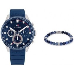 Men's Stainless Steel Quartz Watch with Blue Silocone Strap with Dark Blue Sodalite Stone Bracelet