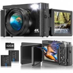 4K Digital Camera for Photography, Autofocus 48MP Vlogging Camera with 32GB Card, 3'' 180° Flip Scre