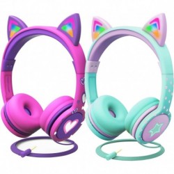 Kids Headphones (2Pack) with LED Cat Ears (Safe Volume Limit 85 dB), 3.5mm On-Ear Wired Headphones w