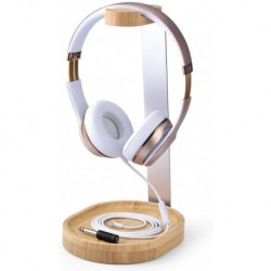 Universal Wooden & Aluminum Headphone Stand Hanger with Cable Holder, Sturdy Desk Headset Mount Rack