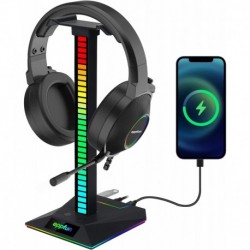 Headphone Stand, PC Gaming RGB Headset Holder with 3.5mm AUX and USB A/USB C Ports for All Wired or